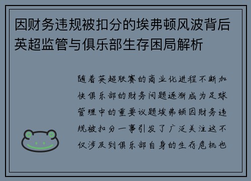 因财务违规被扣分的埃弗顿风波背后英超监管与俱乐部生存困局解析